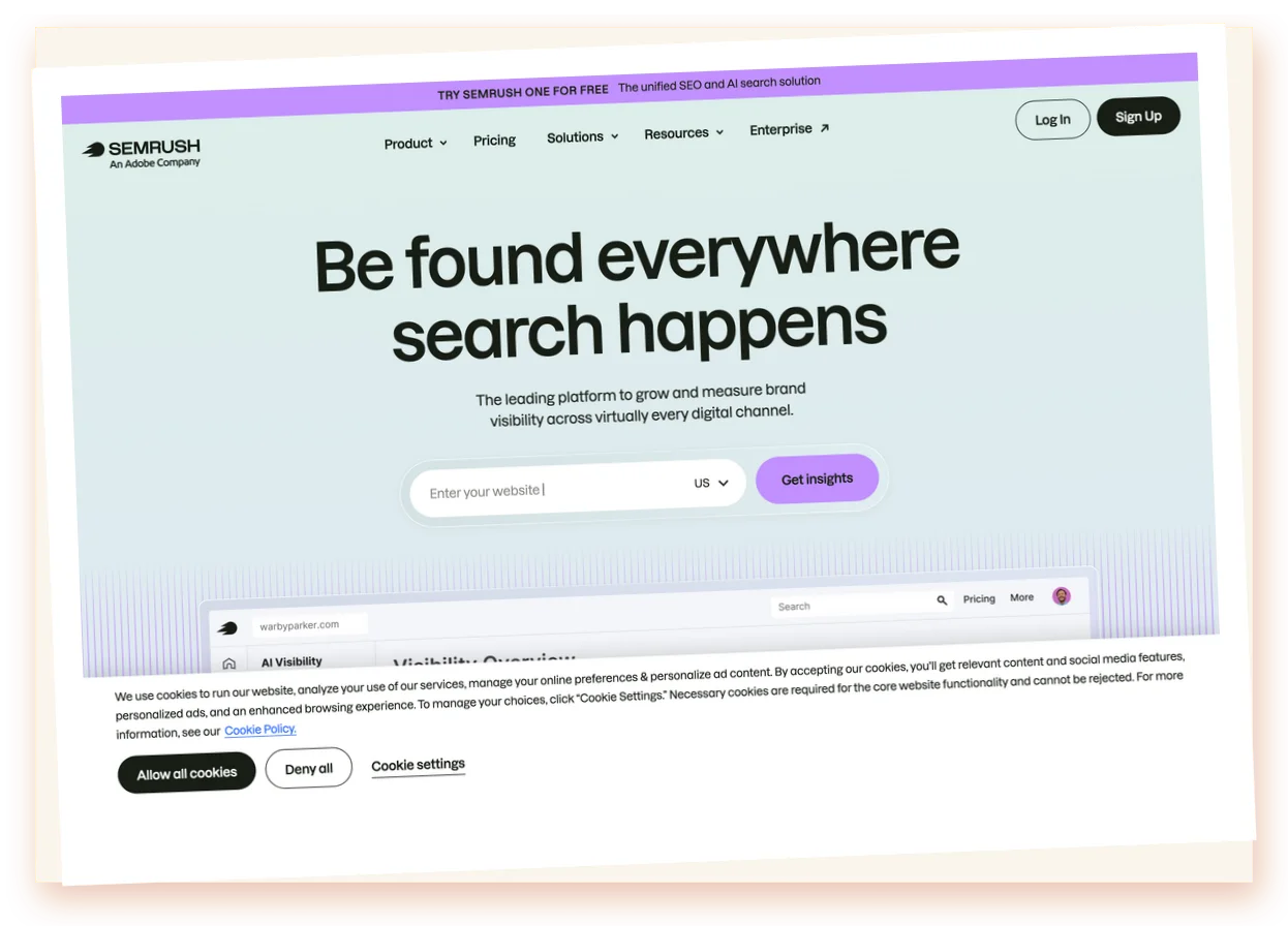 Página de inicio de Semrush mostrando su plataforma de marketing y SEO con el módulo de visibilidad en IA