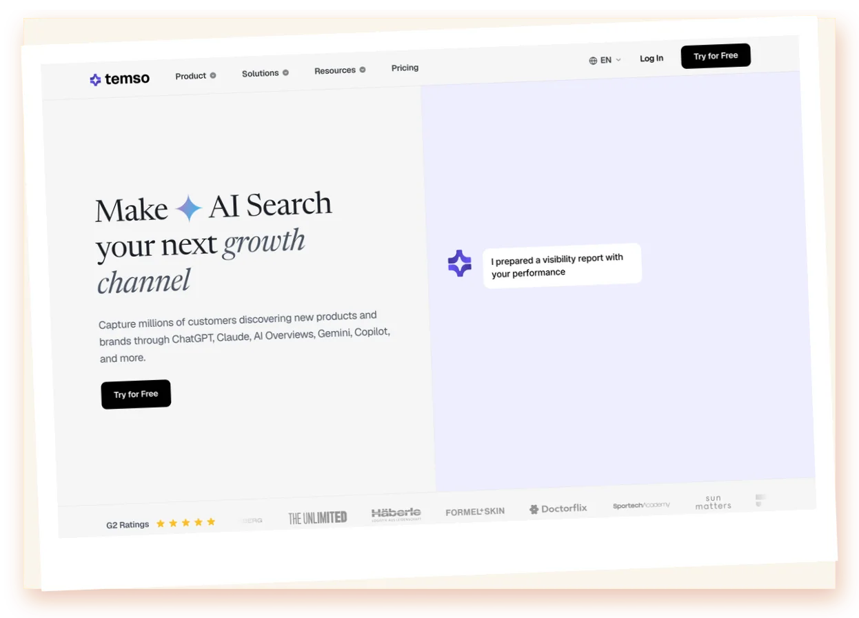 Pantalla de inicio de Temso mostrando el resumen de visibilidad de marca en distintos asistentes de IA